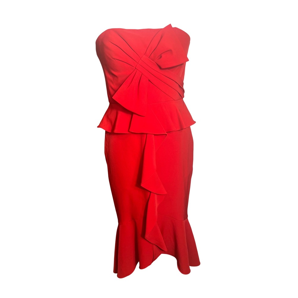 Gianni Bini Red Strapless Peplum Midi Dress with Bow and Ruffle Detail Size 10
